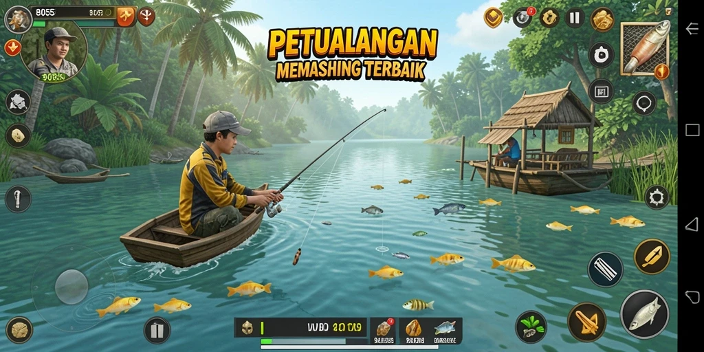 Screenshot gameplay 8055 menunjukkan aksi memancing yang seru.