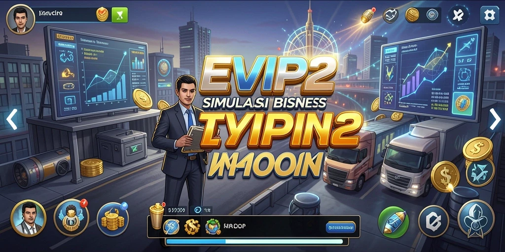 Tampilan gameplay <strong>EVIP2</strong> dengan simulasi manajemen bisnis yang menarik.