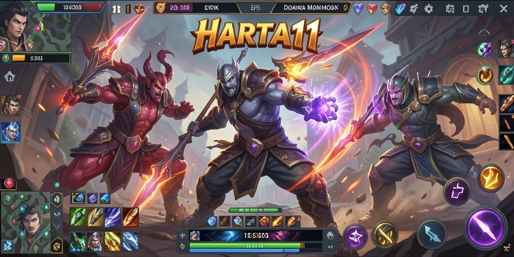 Tangkapan layar gameplay HARTA11 yang mendebarkan dalam aksi MOBA.