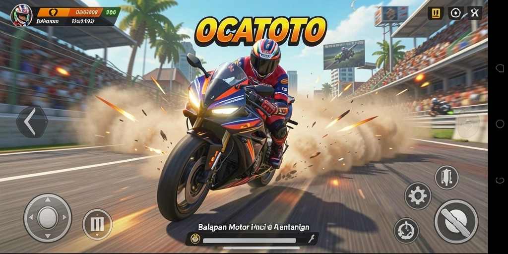 Tampilan menarik dari gameplay OCATOTO dengan balapan motor yang seru.