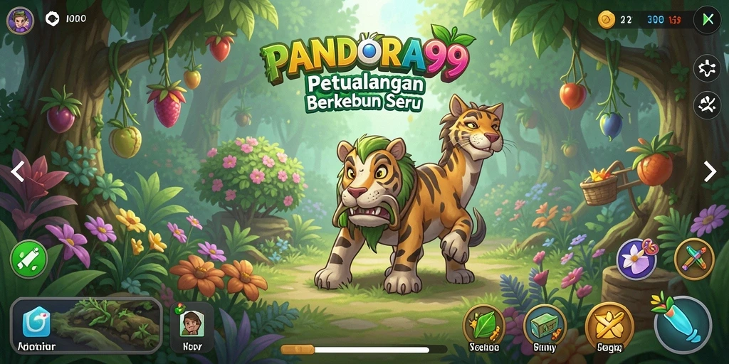 Tangkapan layar PANDORA99 menunjukkan kebun yang subur dengan berbagai tanaman.